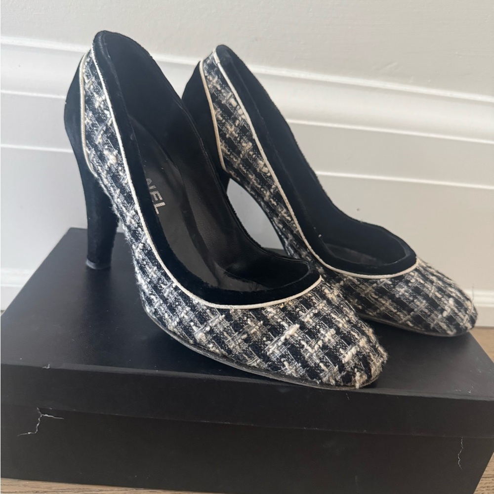 Chanel Black and White Checkered Heels